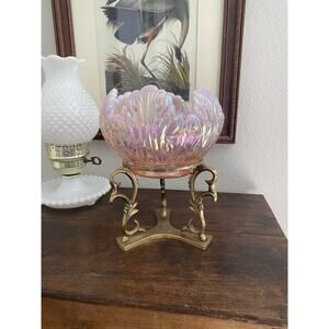 Vintage Fenton Purple Lotus Rose Bowl Candle Holder with Brass Pedestal Stand